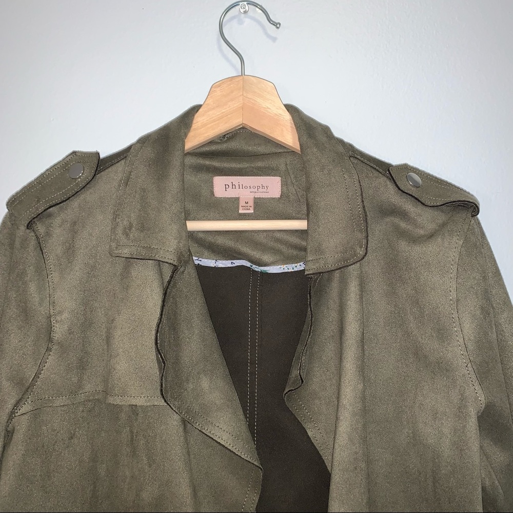 Philosophy | Olive Green Suede Open Drape Moto Jacket - Picture 3 of 5